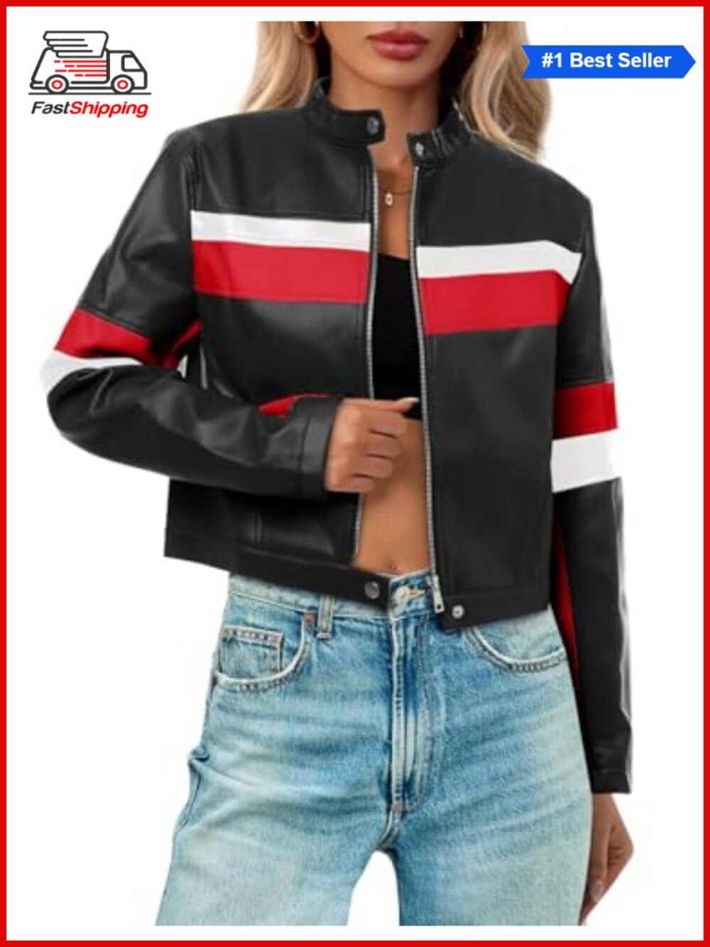 ✨Tankaneo Faux Leather Cropped Moto Biker Bomber Jacket